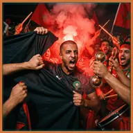 مشجعين مغاربة كيغوّتو وسط دخان أحمر وراية، ووحد فيهم شاد قراقب