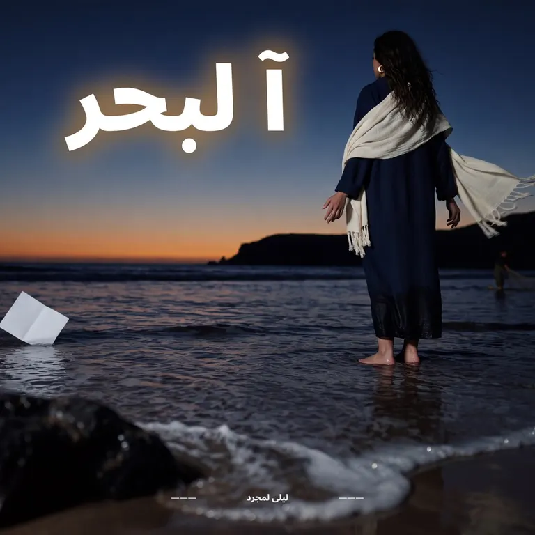 امرأة بلباس كحل وشال أبيض واقفة فالما على شط البحر مع الغروب، وورقة بيضاء كتعوم حداها